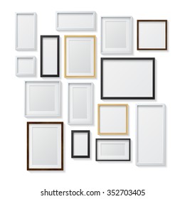 Set of White and Black Blank Picture Frames and
Realistic Light Dark Wood Blank Picture Frames,
hanging on a White Wall from the Front, isolated on white background. 
Design Template for Mock Up.  - Shutterstock ID 352703405