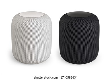 A Set Of White And Black Smart Speakers Voice Digital Assistants. 3D Render Isolated On White Background.