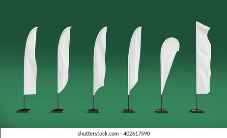 Set Of White Blank Expo Banner Stand Beach Flags. Trade Show Expo Event Booth. 3d Render Illustration Isolated Template Mockup For Your Expo Design.