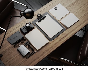 Set of white branding elements on the table. 3d render