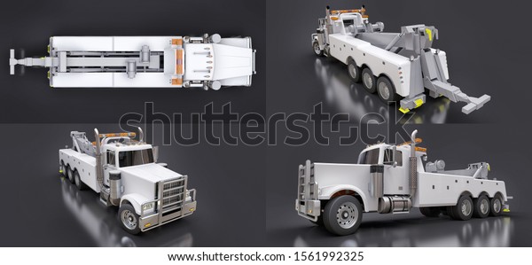 Set white cargo tow truck\
to transport other big trucks or various heavy machinery. 3d\
rendering.