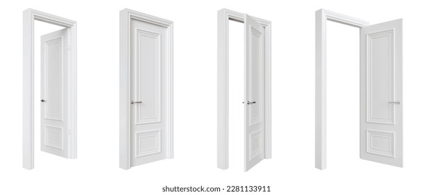 Set of white doors in various stages of opening, isolated on white background. 3D render, 3d illustration. Clipping path included.