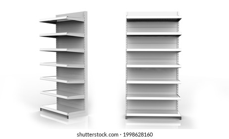 Set Of White Empty Store Shelves. Retail Shelf Rack. Showcase Display. Mockup Template Ready For Your Design. 3D Rendering Illustration. Isolated On White Background.
Gondola Style.
