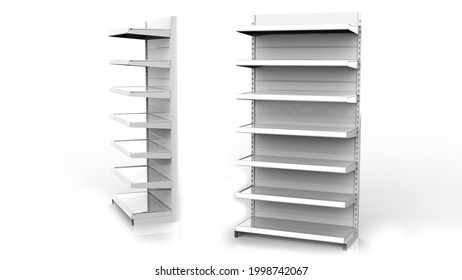 Set Of White Empty Store Shelves. Retail Shelf Rack. Showcase Display. Mockup Template Ready For Your Design. 3D Rendering Illustration. Isolated On White Background.
Gondola Style.
