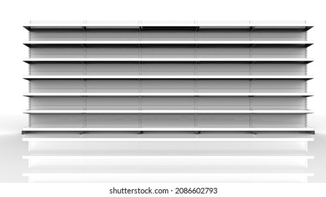 Set Of White Empty Store Shelves. Retail Double Shelf Rack. Showcase Display. Mockup Template Ready For Your Design. 3D Rendering Illustration. Isolated On White Background. Gondola Style.
