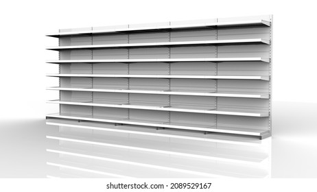 Set Of White Empty Store Shelves. Retail Double Shelf Rack. Showcase Display. Mockup Template Ready For Your Design. 3D Rendering Illustration. Isolated On White Background. Gondola Style.
