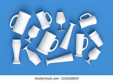 Set of white glasses of fresh draft beer on a blue monochrome background. 3D render concept of drinking alcohol on holidays, Oktoberfest or St. Patrick's Day - Powered by Shutterstock