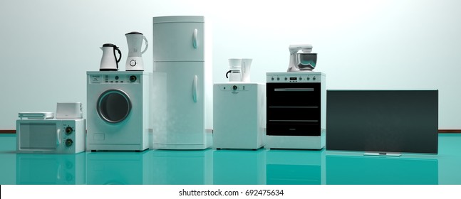 Set Of White Home Appliances On A Green Floor. 3d Illustration