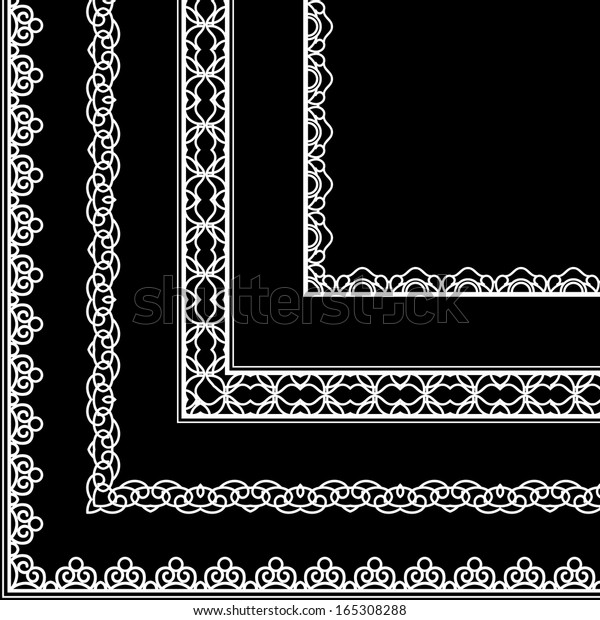 Set of white lace corners isolated on black\
background, raster\
illustration
