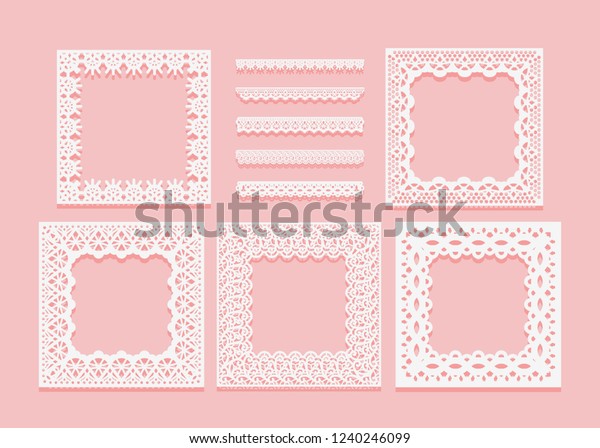 Set of white lace frames of square shapes and
dividers. Openwork vintage elements isolated on a pink background.
Rasterized version