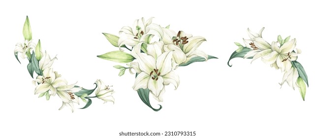 Set of White lily. Floral bouquet. Isolated on white background. Hand drawn clipart for wedding invitations, birthday stationery, greeting cards, scrapbooking. Watercolor illustration. - Powered by Shutterstock