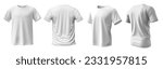 Set of white tee t shirt round neck front, back and side view on white background cutout file. Mockup template for artwork graphic design. 3D rendering

