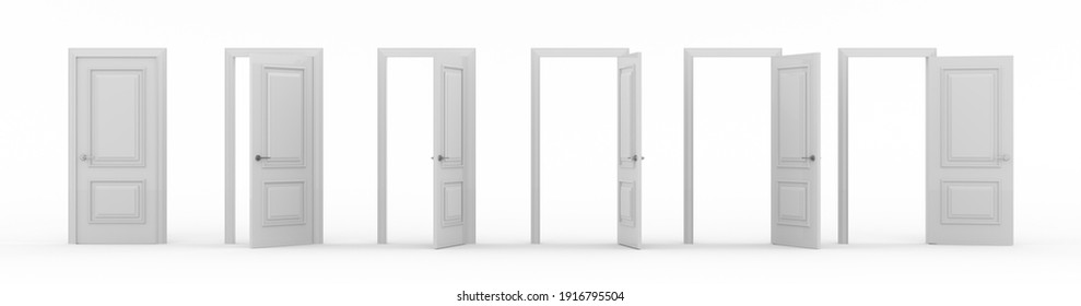 A set of white wooden doors at different stages of opening. 6 stages. Collection of doors. Entrance and doorways. Closed and open way. Choice, business and success concept. 3d render