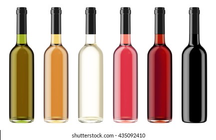 Set of wine bottles with black caps isolated on white background. 3D Mock up for your design.