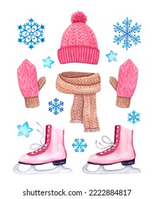 Set of winter elements: knitted hat, scarf, mittens, pink figure skates and blue openwork snowflakes. Hand-drawn watercolor illustration.