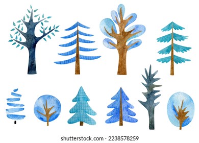 Set winter plants  trees  bushes drawn in cartoon style  Christmas tree watercolor illustration  forest snow  covered trees 