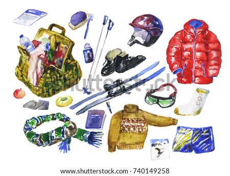 set of winter ski clothes and items