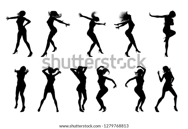 女性の踊り手がシルエットで踊るセット のイラスト素材