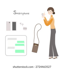 Set of a woman using a smartphone and peripherals