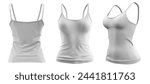 Set of woman white, front, back and side view Spaghetti thin strappy Strap Camisole tank cami Top on white background cutout, file. Mockup template for artwork graphic design