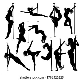 A set of women pole dancing exercising for fitness in silhouette. This is a raster version of a vector illustration