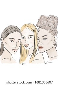 Set of women portraits African African-american, asian, European. Women with different nationality, ethnicity, cultures, skin color, hairstyle. Interracial friendship girls concept. sketch
