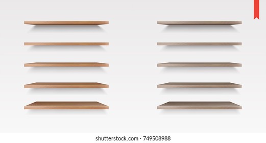 Set of Wood Shelves Raster Isolated on the Wall Background