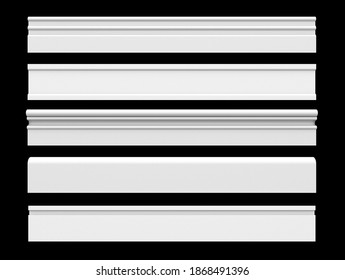 Set wooden white skirting board isolated 3d rendering on black background