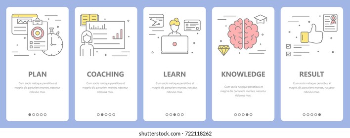 Set of workshop concept vertical banners with plan, coaching, learn, knowledge and result concept elements. Thin line flat design symbols, icons for website menu, print.
