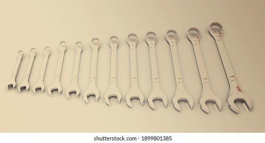 Set of wrenches on toned background. 3d render