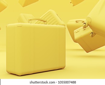 Set Of Yellow Color Suitcases Mono Colored Concept Copyspace. 3d Render.