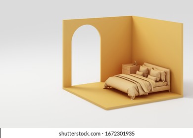 Set Of  Yellow Furniture Mock Up And Isometric Wall 3d Rendering