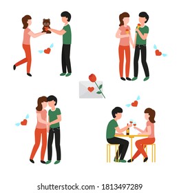 Set Young Couple Walking, Holding Hands, Eat Ice Cream, Give Gift, Sitting In A Restaurant Drinking Wine. Relationship And Fall In Love, Valentine's Day. Flat Cartoon Illustration.