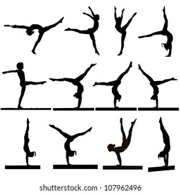 Set of young gymnasts girls silhouettes in exercises and in balance on beam.