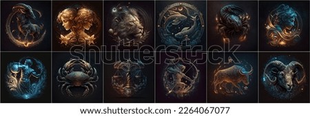 Set of zodiac signs, Aries, taurus, leo and gemini horoscope, virgo, scorpio, libra, aquarius zodiac, sagittarius, pisces, capricorn, cancer digital symbols. Foto stock © 