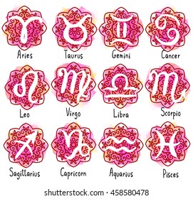 Set of zodiac signs with captions. Horoscope icons - Shutterstock ID 458580478