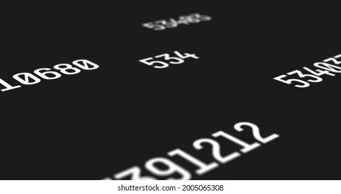 Sets of random numbers with a white font color projected on a black screen background. each set of numbers are constantly changing at a fast pace.
