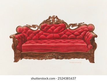Settee (Eagle) (ca. 1940) by Henry Moran. Vintage sofa furniture. Vintage furniture art drawing illustration, old red sofa painting art print on white background.