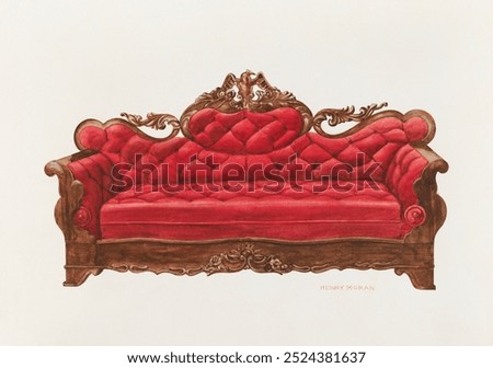 Settee (Eagle) (ca. 1940) by Henry Moran. Vintage sofa furniture. Vintage furniture art drawing illustration, old red sofa painting art print on white background.