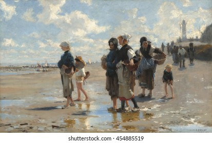 Setting Out to Fish, by John Singer Sargent, 1878, American painting, oil on canvas. 'En Route Pour la Peche' depicts women and children going to gather fish from shallow pools for their evening dinn