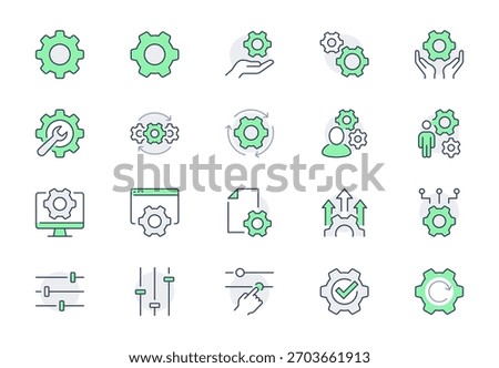 Settings line icon set. Vector illustration include icon - cogwheel, repair, spanner, config, automation process, service, outline pictogram for system maintenance. Green Color, Editable Stroke.