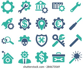 Settings and Tools Icons. Icon set style: bicolor flat images, cobalt and cyan colors, isolated on a white background.