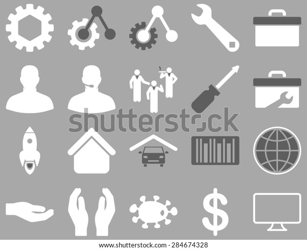 Settings\
and Tools Icons. Icon set style: bicolor flat images, dark gray and\
white colors, isolated on a silver\
background.