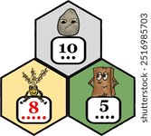 Settlers of Catan board game inspired resources (sheep, ore, brick, wheat, wood) 10-8-5 starting spot hexagons