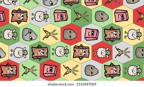 Settlers of Catan board game inspired resources (sheep, ore, brick, wheat, wood) cartoon version in hexagonal shape background vertical - Powered by Shutterstock