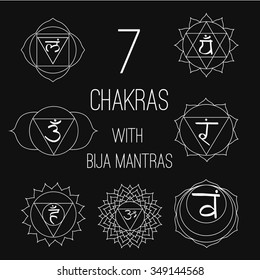 The seven chakras with bija mantras  set style white on the black background. Linear character illustration of Hinduism and Buddhism. For design, associated with yoga and India.
