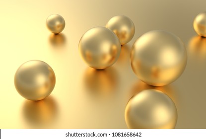 Seven Gold Sphere Ball On Golden Background With Reflection. 3D Rendering