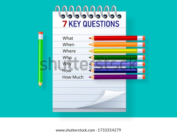 7つの重要な質問 5w2hシンプルなプロセス改善ツールのコンセプト図 何 いつ どこで 誰 なぜ どのくらい 教育のコンセプト のイラスト素材