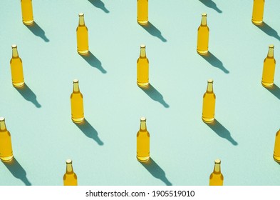 Several Beer Bottles With Long Shadows On Light Green Background. Mockup Of Full Glass Lemonade Without Label. Retro Drink Concept.