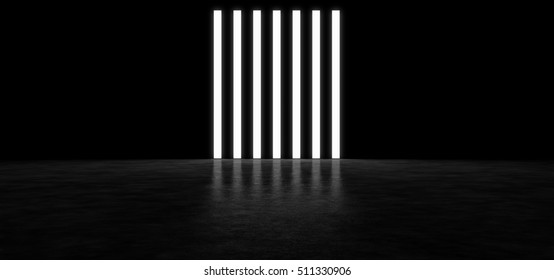 Several bright standing next strips in a dark room. 3D Render
